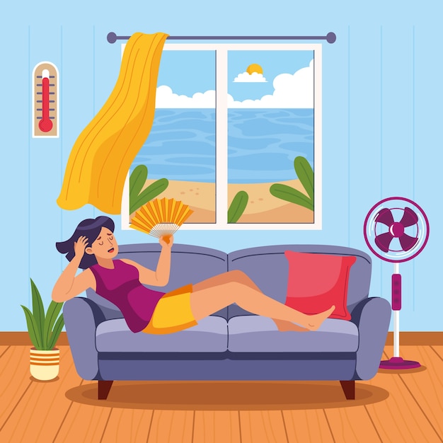 flat-summer-heat-illustration-with-woman-couch-with-hand-fan_23-2149444234