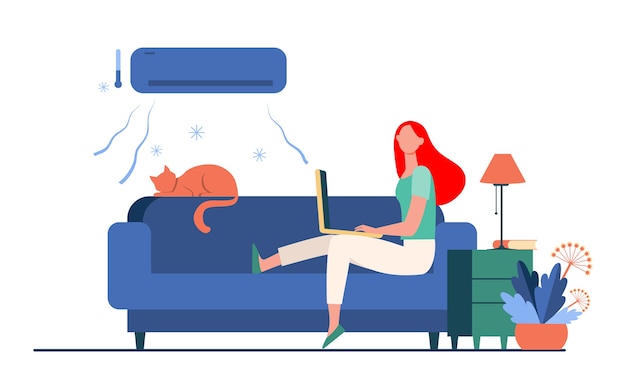 woman-sitting-sofa-with-cat-laptop-air-conditioner-girl-cooling-couch-flat-vector-illustration-home-freelance_74855-8690